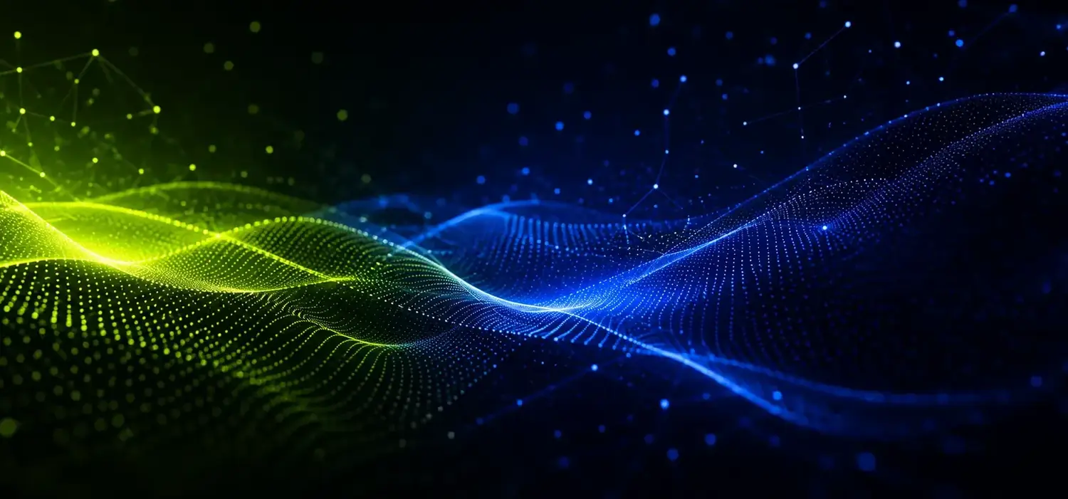 Partikelwelle im Übergang von Neongrün zu Blau als Gestaltungselement von KENNWERK